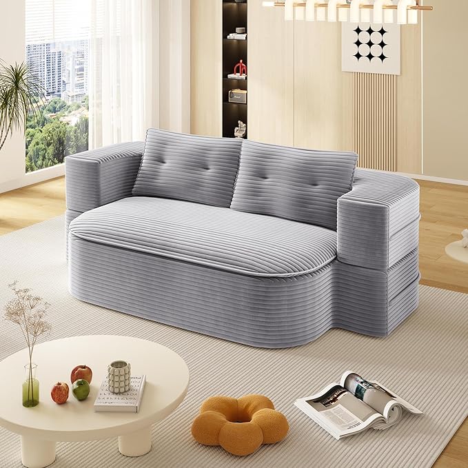 78.7 Convertible Sleeper Sofa Bed with 2 Soft Pillows 2-in-1 Fold Out Couch Upholstered in Luxurious Plush Corduroy Fabric Deep Seat Couch for Living Room Bedroom Guest Room Light Grey