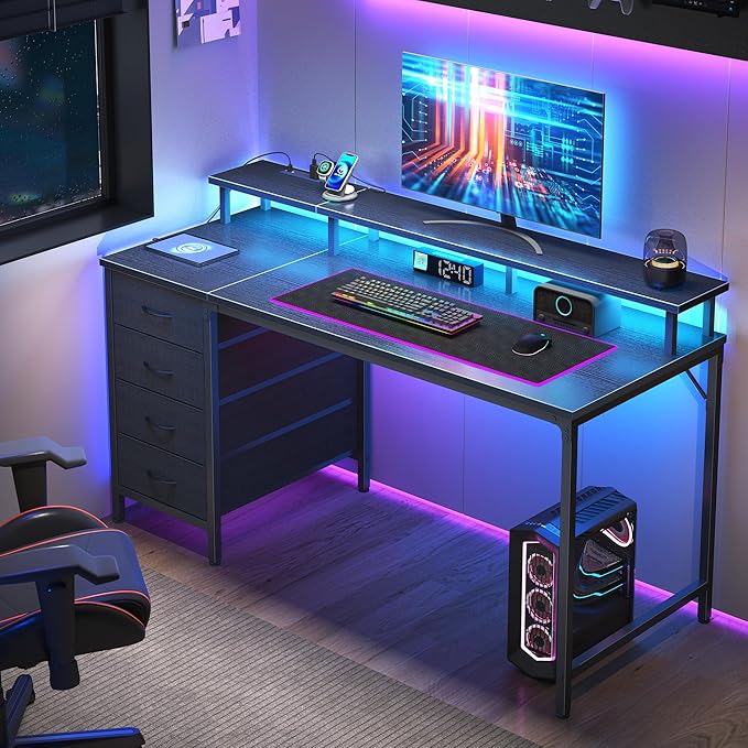 DUMOS Computer Desk with 4 Drawers4 Drawer Gaming Desk with with Power Outlets and LED LightsOffice Desk for Small Spaces with Monitor ShelfWriting Desk for Home Office BedroomStudy 39 Inch Black