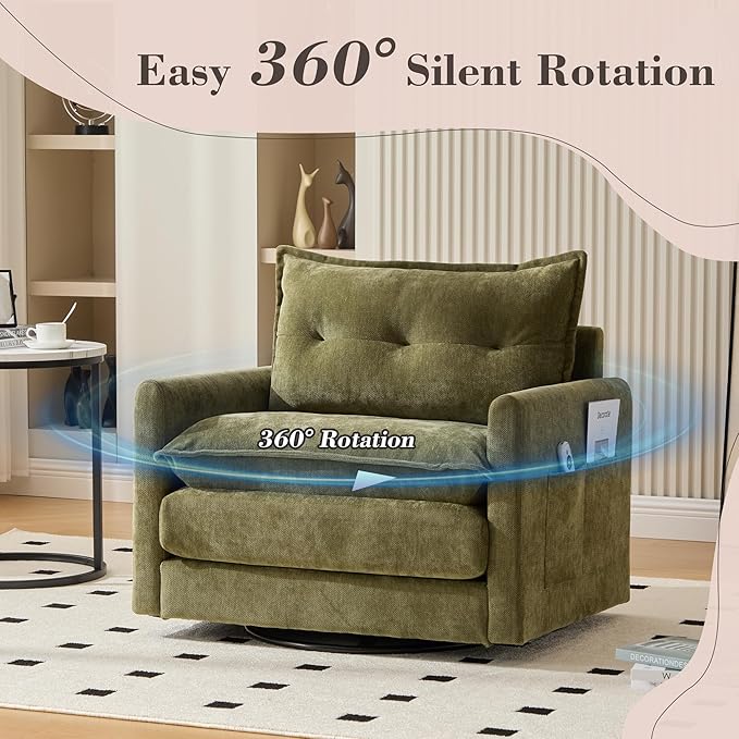 Mid Century Modern Swivel Accent Chair Overstuffed Thick Pad Arm Chair with Solid Metal Base Comfortable 360° Rotation Single Sofa for Living Room Bedroom Office (Olive Chenille)