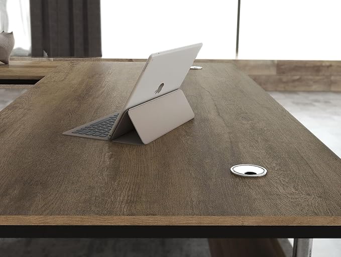 63 Inch L-Shaped Executive Desk Set of 2 Industrial Modern Wood Office Desk with 3 Drawers Built-in Cable Management &amp Power Outlet Real Wood Finish Reversible Left/Right Return Home Workstati