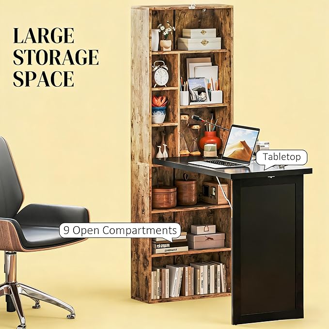 Murphy Desk with Storage Shelves Fold Out Hidden Computer Executive Desk Foldable Pull Out Writing Home Office Table with Blackboard for Bedroom Small Spaces (Rustic Brown)