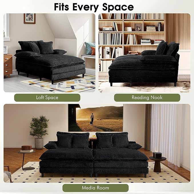 55 W Oversized Chaise Lounge Sofa Couch with 5-Position Adjustable Backrest Corduroy Sleeper Chair Sofa Bed Reading Chair ‌with Deep Seat Cloud Couches for Living Room Bedroom Black