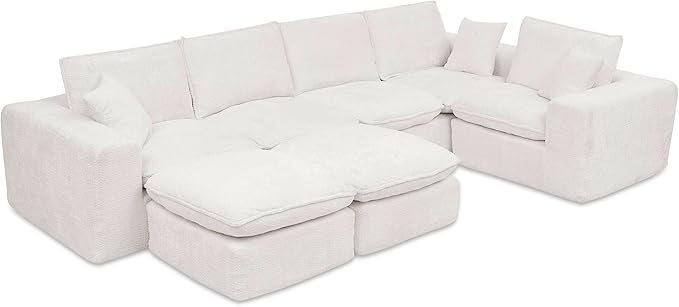 L-Shaped Boneless Modular Sectional Cloud Couches 7 Seat Modular Boucle Floor Foam Boneless Sofa Couch with Ottomans Headrest Pillows and Removable Cushions