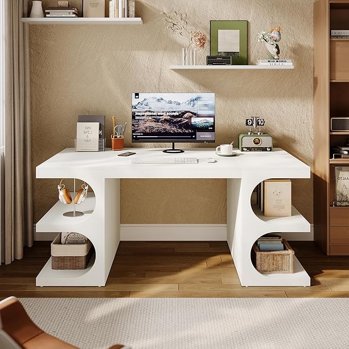 Tribesigns White Executive Office Desk 63 Computer Desk with Storage Shelves Modern Wood Study Writing Table Large Workstation Business Furniture for Home Office (Table Only)