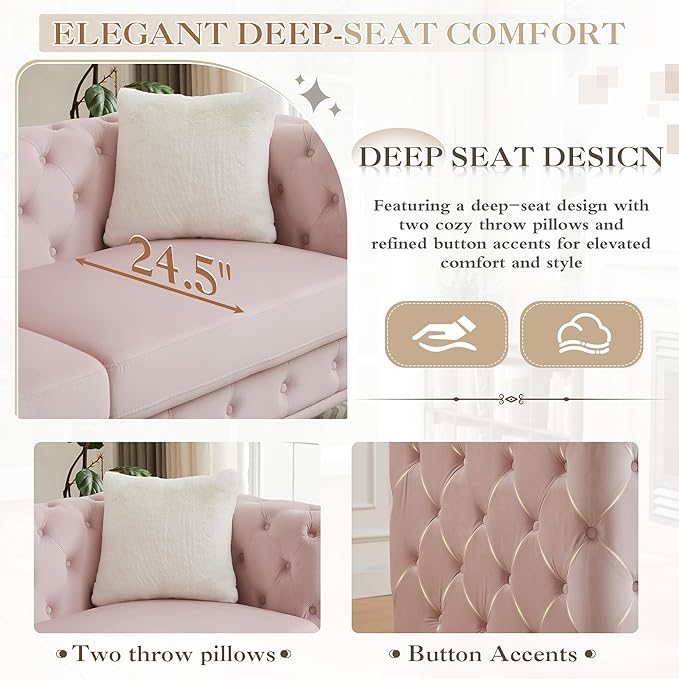 61.25 Velvet Chesterfield Sofa Mid-Century Modern Love Seat Button Tufted Couch with Curved Arms Gold Metal Legs Deep Seat Small Space Comfortable Living Room Bedroom Furniture (Pink 2 Seater)
