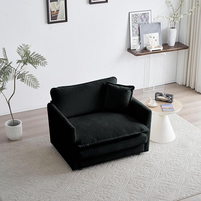 Black Chenille Accent Chair with Ottoman Comfy Armchair Reading Chair for Living Room Bedroom Modern Home Office Seating