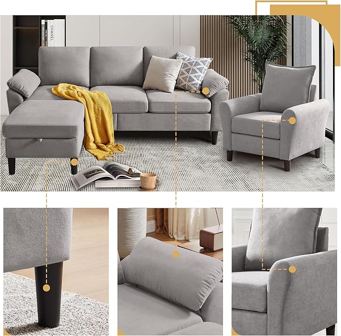 2 Piece Couches Set for Living Room Convertible L Shaped Sofas 3 Seat Couch with Ottoman and Accent Chair Modern Linen Sofa for Small Space (Light Grey)