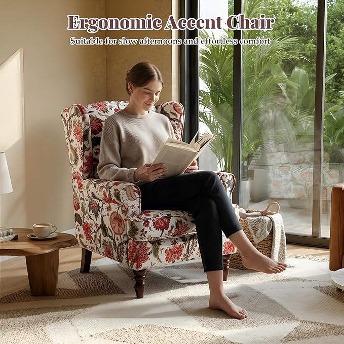 EROMMY Floral Accent Chair Comfortable High Back Upholstered Armchair with Solid Wood Legs Leisure Single Sofa Chair for Living Room Bedroom Home Office Red Floral