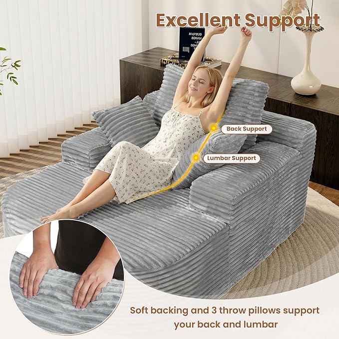 Luxury Oversized D-Shape Couch Corduroy Recliner Sofa Chair No Assembly Required 67 Zero Gravity Lounge Chair Deep Seat for Living Room Bedroom Includes 3 Pillows Gray