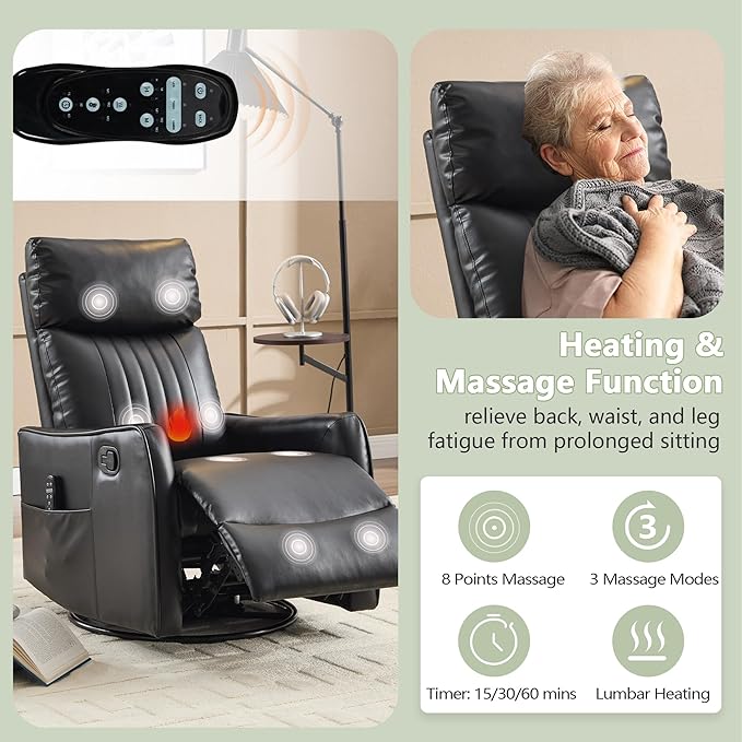 cinkehome Heated Massage Swivel Rocker Recliner Chair for Nursery - Small Space Reclining Chair with Lumbar Support 360° Swivel &amp Gentle Rocking Ergonomic High Back Faux Leather Black