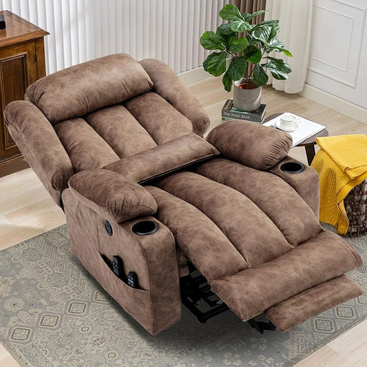 MEETWARM Oversized Dual Motor Lay Flat Power Lift Recliner Chair for Big Man with Heat Massage Large Sleeping Electric Recliner with Extended Footrest Lumbar Pillow USB &amp Type-C Ports Plush-Br