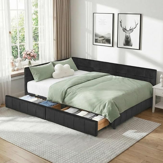 Queen Corner Bed Frame with Storage Drawers Modern Velvet Upholstered Sofa Day Bed Frame with Wood Slats for Living Room Bedroom Guest Room No Box Spring Needed Black