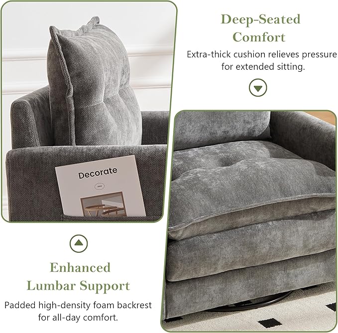 cinkehome Oversized Swivel Chair 36 Swivel Armchair Accent Chair for Living Room Mid Century Modern Thick Padded Arm Chairs Memory Foam Chenille Gray