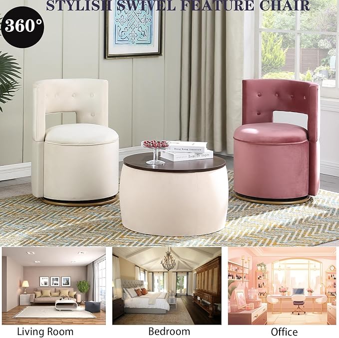 360° Swivel Accent Chair with Hide Storage FunctionModern Velvet Curved Barrel Chair with Gold Metal Base Back Vanity Chair for Living Room NurseryBedroom Upholstered Leisure Chair (Beige)