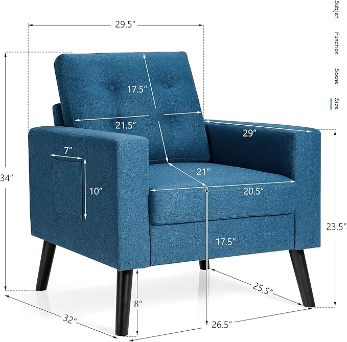 Giantex Set of 2 Modern Accent Chair Upholstered Living Room Chair Button Tufted Single Sofa Couch Bedroom Reading Guest Room Patented Linen Fabric Armchairs with Side Pockets and Wood Legs Blue