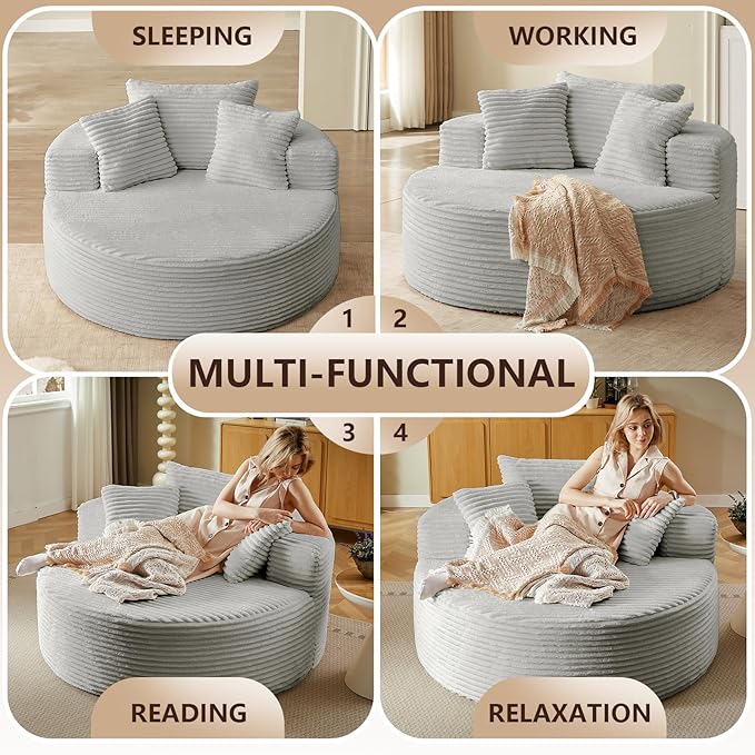 55''Oversized Round Chair Lounge Chaise IndoorCloud Boneless Large Circle Chair with Plush CorduroyNo Assembly RequiredFluffy Modern Sleeper Sofa Bed for ReadingLiving Room(GreyFabric Upgrade)