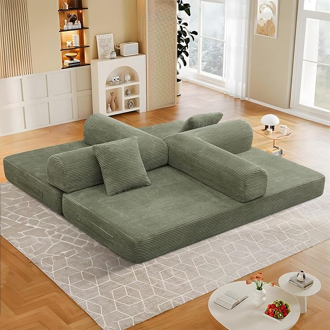 78 Convertible Sleeper Sofa Bed with Cylindrical Pillow Corduroy Folding Mattress Couch with Fixed Frame Floor Sofa Lounge Couch for Living Room Bedroom Apartment Light Green
