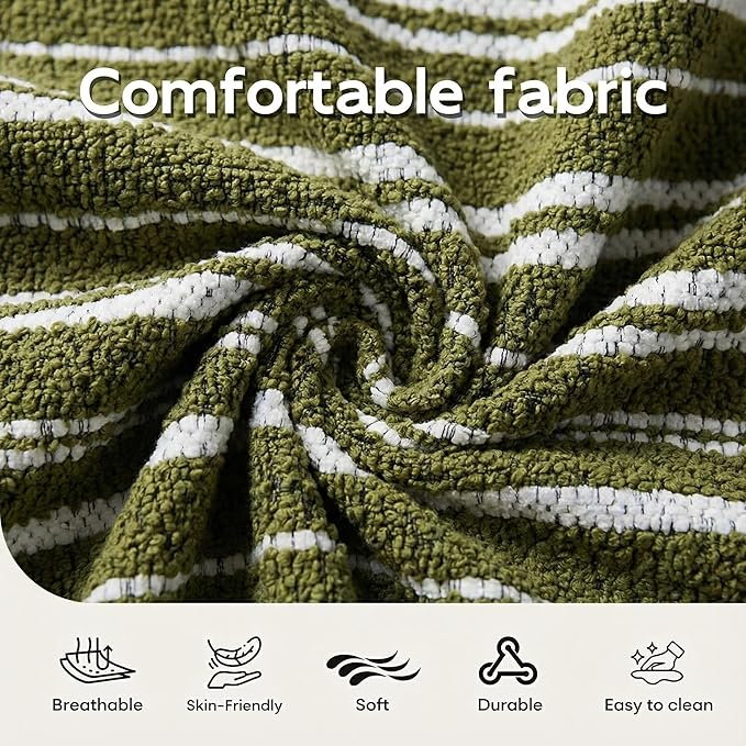 Chenille Accent Chair with Lumbar Pillow Green Stripe Wide Armrests Deep Seat 7 Inch High-Density Foam 350 lbs Capacity