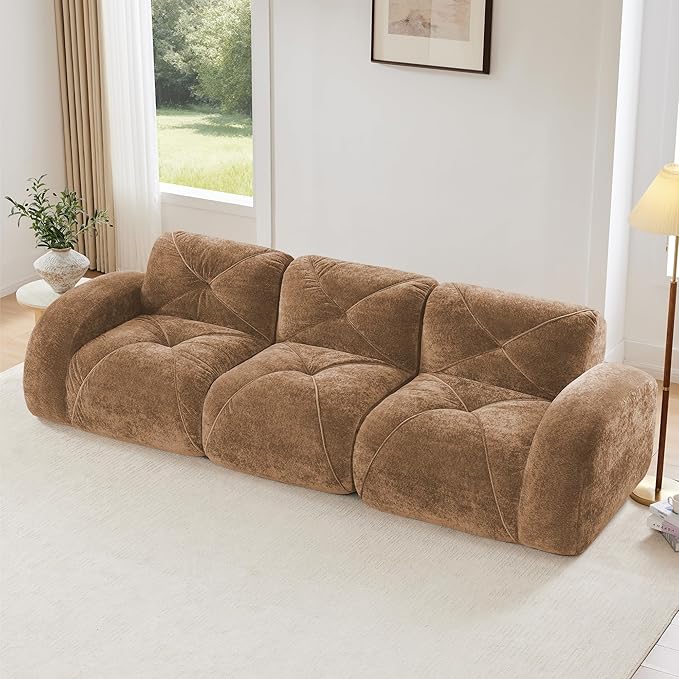 Boneless Couch Sectional Couches for Living Room 110.6'' Cloud Couch with Deep Seat Comfy Soft Velvet Modular Sectional Sofa Modern Oversized 3-Seater Boneless Sofa No Assembly Camel