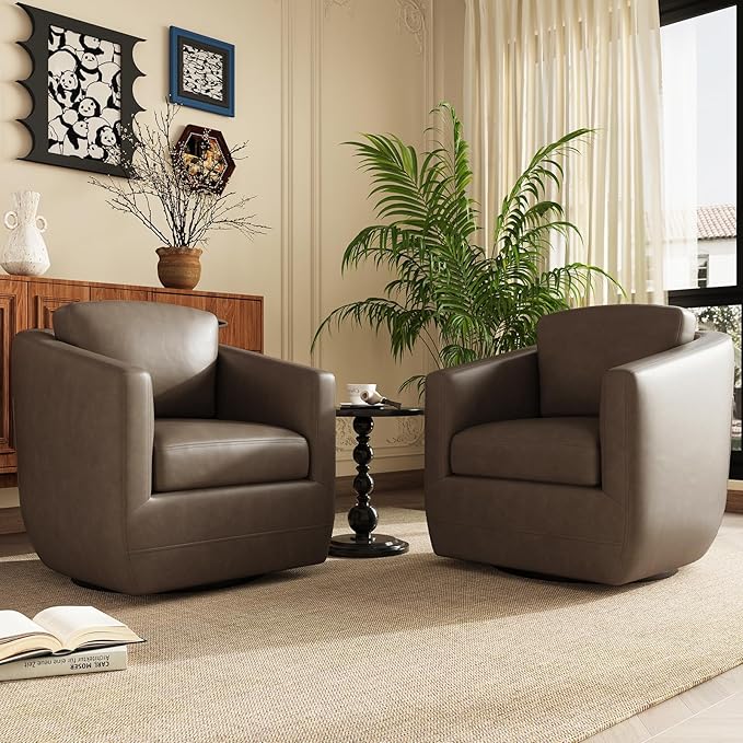 COLAMY 360° Swivel Accent Chair with Pillow Leather Living Room Armchair No-Sag Foam &amp Sturdy Metal Base Fully Assembled Swivel Accent Single Sofa for Bedroom Living Room Reading Room Wolf Gre