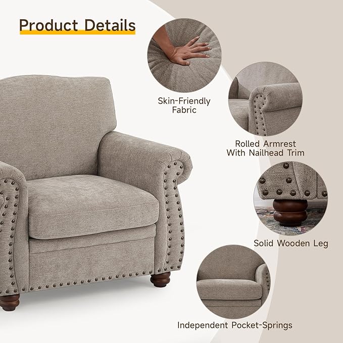 ONBRILL Nailhead Trim Armchair Rolled Arm Accent Chair for Living Room Comfy Chenille Club Sofa Chair w/Springs Cushions &amp Wood Legs Traditional Single Couch Chair for Apartment Farmhouse Bei