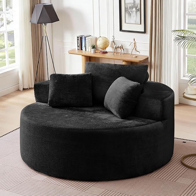 Modern Round Accent Sofa Chair for Living Room Upholstered Soft Terrycloth Barrel Lounge Arm Chair with Large seat&ampThrow Pillows for Bedroom Office Apartment Black