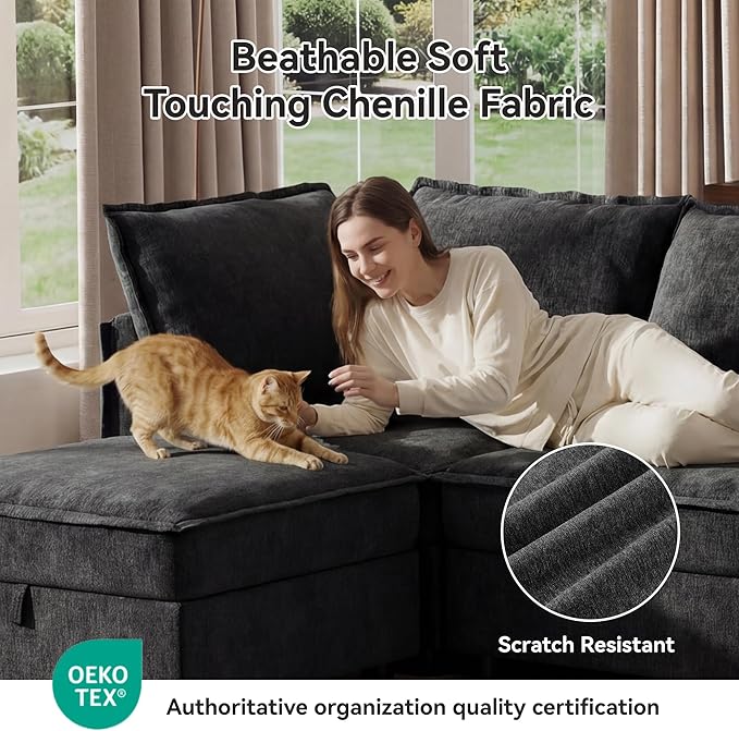 Ihanherry 97.2” Modular Sectional Sofa with Storage L Shaped Couch for Living Room 4-Seat Comfy Chenille Deep Seat Sofa with Movable Ottoman for Bedroom and Apartment Dark Gray