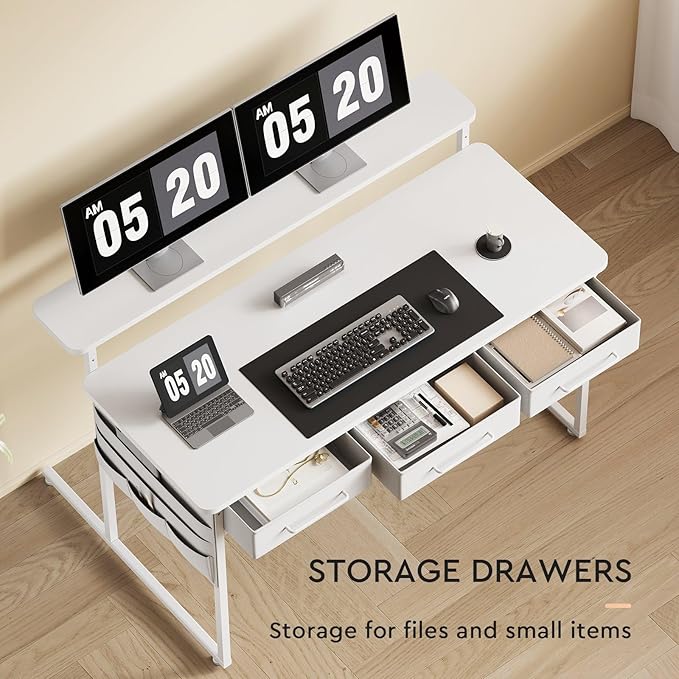 Computer Desk with Drawers 47.2X15.8-22.9 Inches Office Computer Desk with Side Pocket &amp Ergonomic Monitor Stand Writing Table for Small Spaces Bedroom White