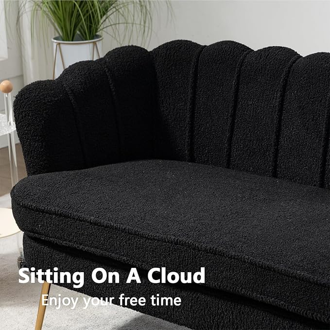 Anwick 59 Small Modern Chenille Loveseat Sofa 2-Seater Sofa with Gold Metal Legs Small Couch with Flower Shaped Back for Living Room Bedroom Office (Black)