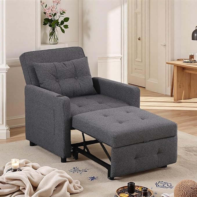 3-in-1 Convertible Sleeper Chair Sleeper Sofa Bed with USB Ports Lazy Sofa Bed with Side Pocket Recliner Chair with Adjustable Backrest for Living Room Apartment Dorm or Office Grey