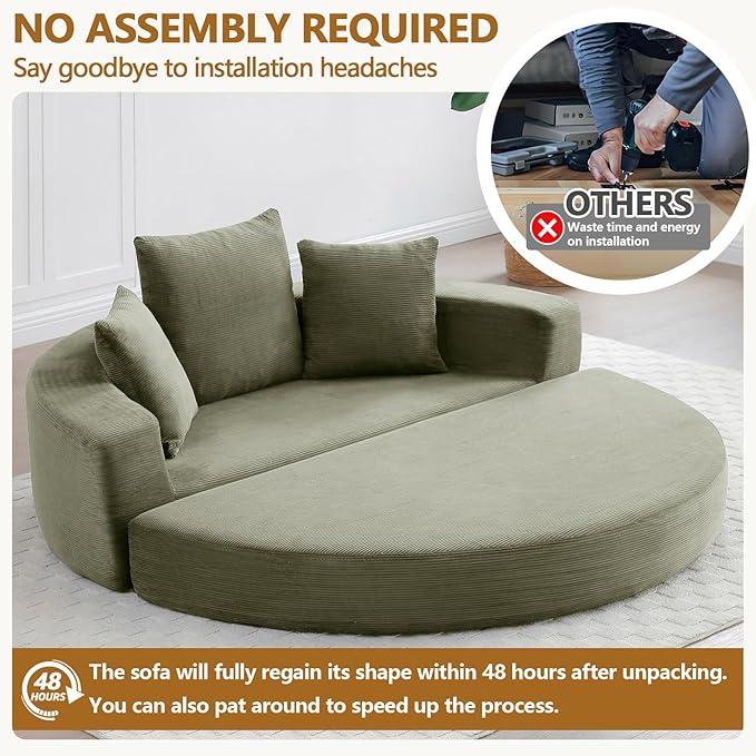 67” Foldable Couch Bed Corduroy Round Floor Couch with 3 Comfy Pillows 2 in 1 Convertible Sofa Bed for Living Room Apartment 380 LBS Capacity No Assembly (Green)