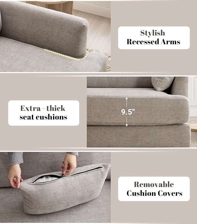 Kingfun 83 Chenille Sofa Modern Couch with Thickened Cushions Mid Century Couches with Solid Wood Frame Comfy Deeper Seats T-Cushion for Living Room and Bedroom Light Gray