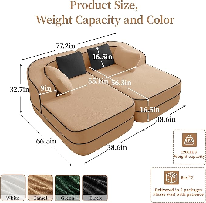 77.2 Contrast Color Boneless Sectional Sleeper Couch Teddy Fabric Foam Cloud Sleeper Sofa Bed Extra Deep Seat Wide Arm Modular Sectional Sofa with Chaise No Assembly Required