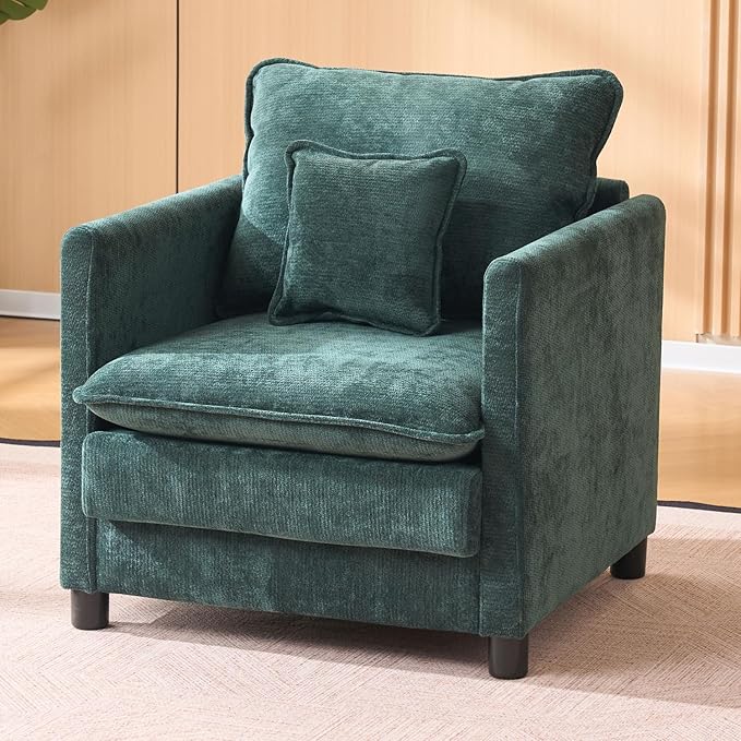 Modern Living Room Accent Chair Comfy Reading Armchair Oversized Chenille Upholstered Single Sofa Chair with Pillow for Bedroom Office Apartment Home Theater Indoor (Dark Green)