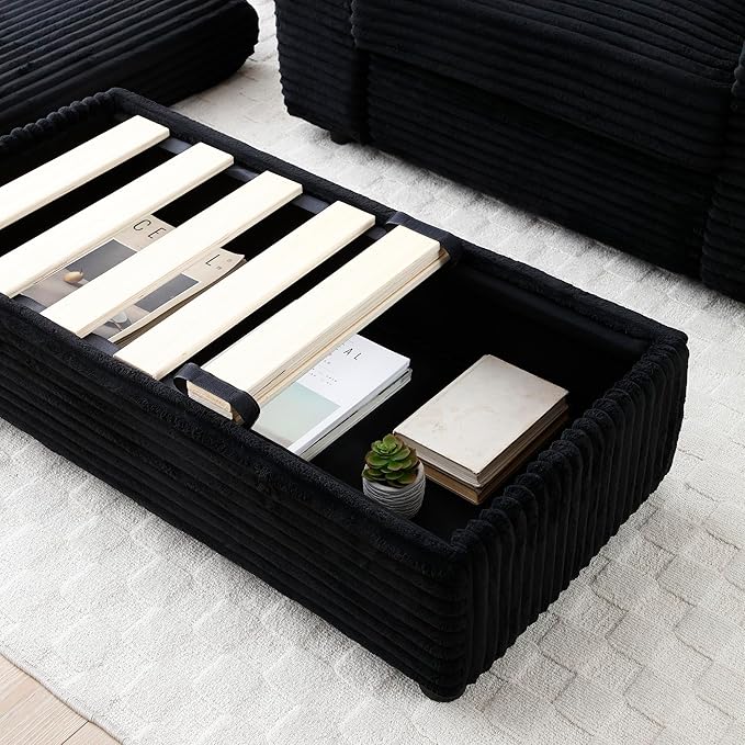 43.3 W Oversized Corduroy Chaise Lounge Chair Comfy Sleeper Sofa with Cup Holder and Storage Ottoman 3 Throw Pillows Included Deep Seat Upholstered Reading Chair for Living Room (Black)