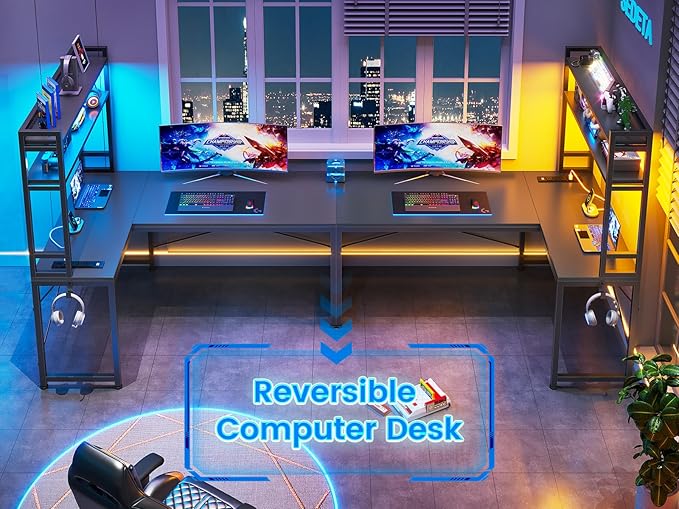 SEDETA L Shaped Gaming Desk Reversible 45.3” Small Corner Desk with Power Outlet and LED Lights Corner Gaming Desk with Storage Shelves Hooks for Small Space Black