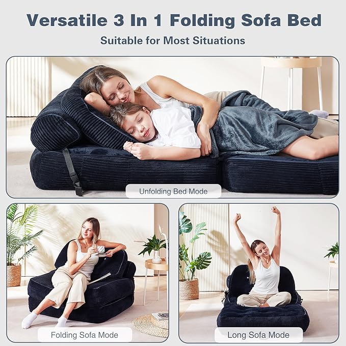 Folding Sofa Bed Flannel Futon Couch Bed with Pillow and Blanket Convertible Sleeper Chair for Small Space Apartment Guest Room Black