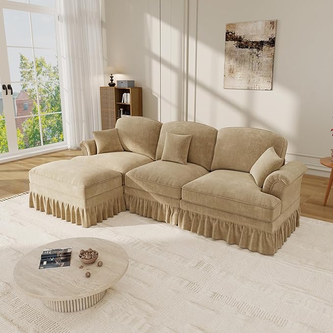 Modular Sectional Sofa Couch Comfy Chenille Three-Seat Sofa with Removable Ruffles Pleats Skirts Elegant Mid Century Sofa Couch for Living Room Bedroom (Light Coffee 107.1inch+1ottoman)