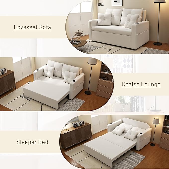 3 in 1 Pull Out Couch 56 Inch Convertible Sleeper Sofa Bed Loveseat with Cup Holders Storage Pockets USB Sofa Couches for Living Room Bedroom Apartment Beige