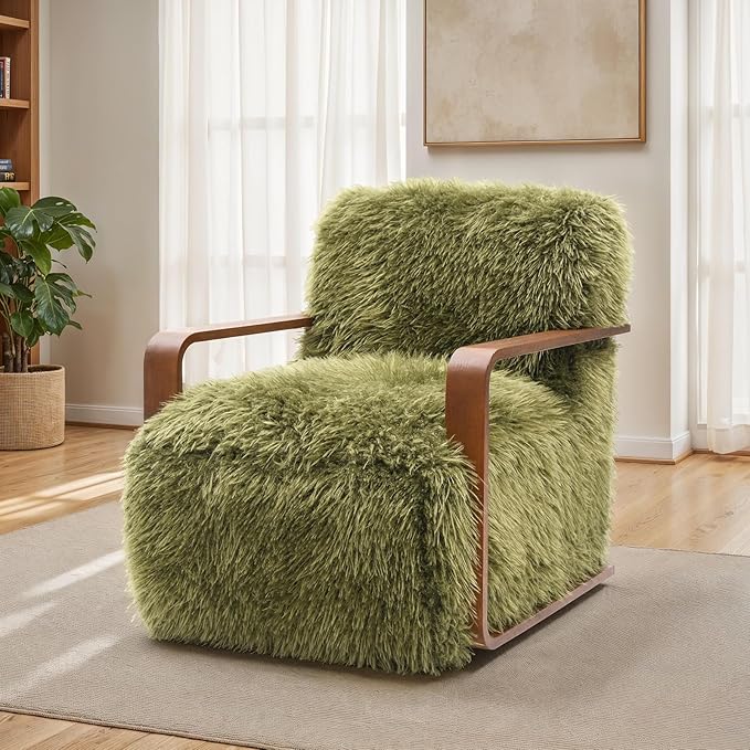 Comfortable Faux Fur Reading ChairModern Luxury Accent Chair Side Chairs with Curved Wooden Armrests for ApartmentLiving RoomOfficeStudyGreen