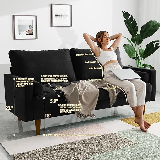 Loveseat Sofa70 Inch Velvet Couch for Living RoomSmall Couch Spring CushionsEasy Assembly Sofa Couches with Throw Pillow for Small Spaces (Black)