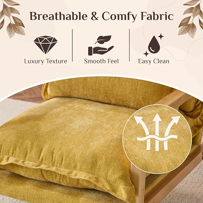 Karl home Midcentury Accent Chair for Living Room Chenille Upholstered Lounge Armchair with Lumbar Pillow Ruffle-Designed Cozy Reading Chair with Wood Legs Yellow