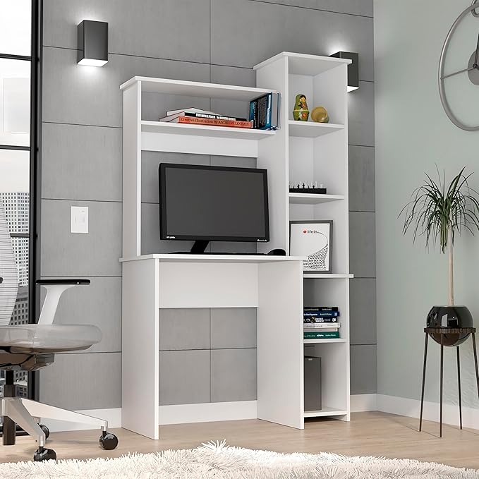 White Desk with 5 Shelves &amp Superior Storage - Modern Home Office Workstation