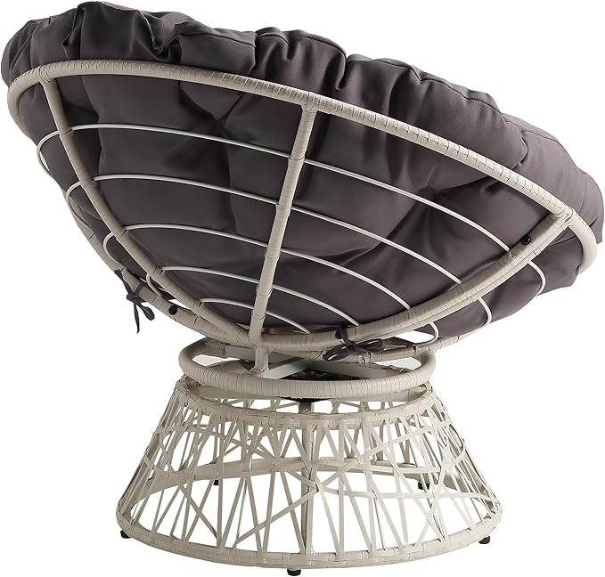 OSP Home Furnishings Wicker Papasan Chair with 360-Degree Swivel Cream Frame with Grey Cushion