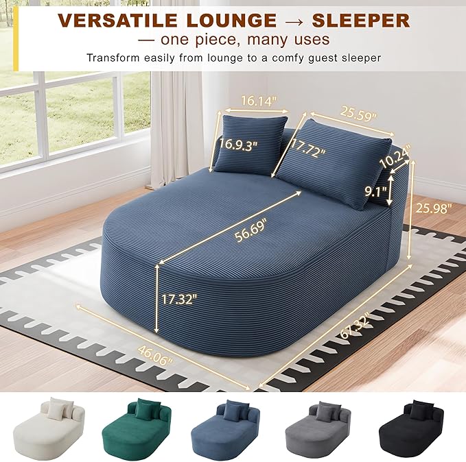 Chaise Lounge Chair Indoor 67.5 Oversized Boneless Couch Could Comfy Upholstered Sleeper Sofa Bed Corduroy Plush Modern Curved Floor Sofas Chair with 2 Pillows for Readng Living Room Bedroom Apartment