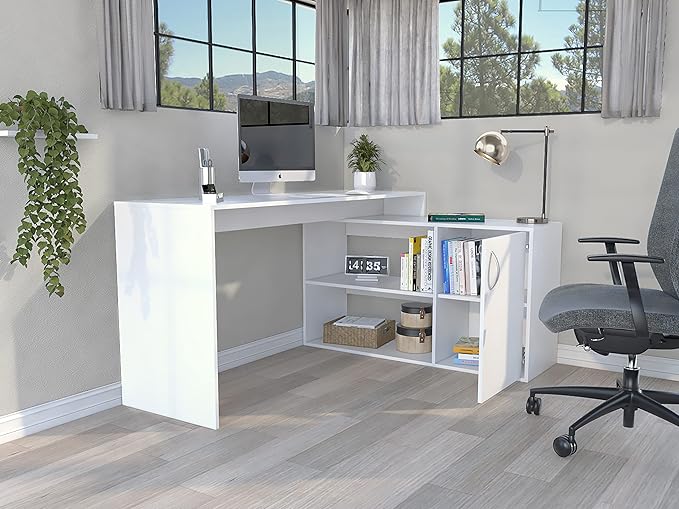 Home Office Desk 59 Modern L-Shaped Computer Desk with Open &amp Closed Storage -White