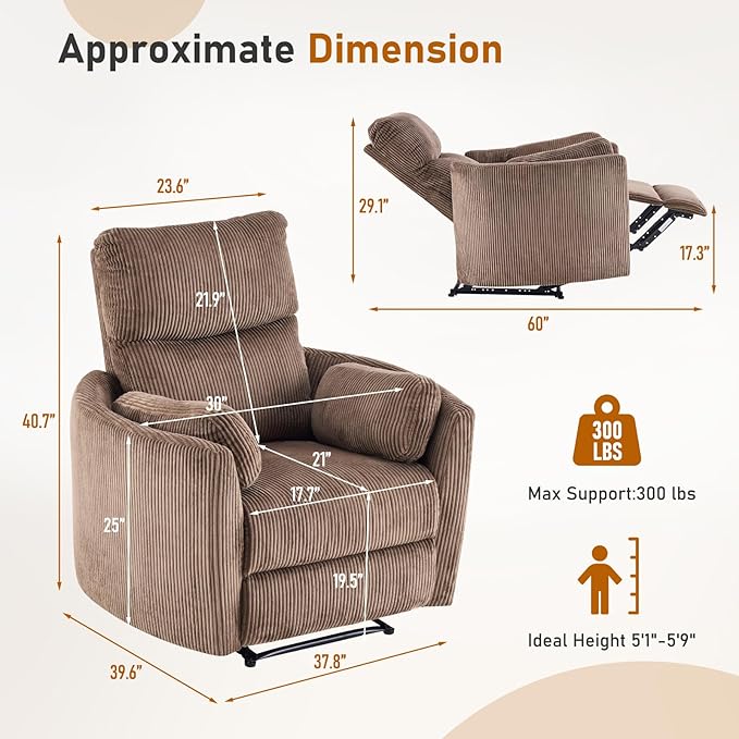 Furnimart Oversized Manual Recliner Chair for Adults 30 Extra-Wide Corduroy Recliner with Chunky Cushion High Back &amp Padded Armrests Comfy Chair for Living Room Bedroom Home Heater(Brown)