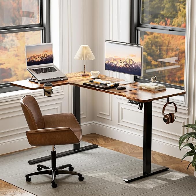59 Inch L Shaped Standing Desk Electric Adjustable Height Corner Standing Desk Electric Sit Stand Table with Reversible Splice Boards for Computer Office Home (Rustic Brown)