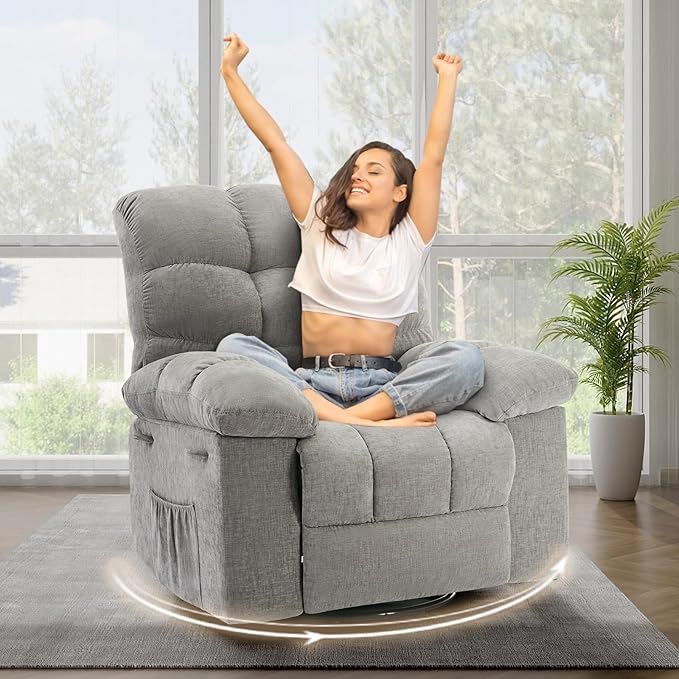 Rocker Swivel Recliner Chair for Adults - Overstuffed Comfy Soft Fabric Manual Recliner Glider Nursery Rocking Sofa Chair for Living Room(Light Gray)