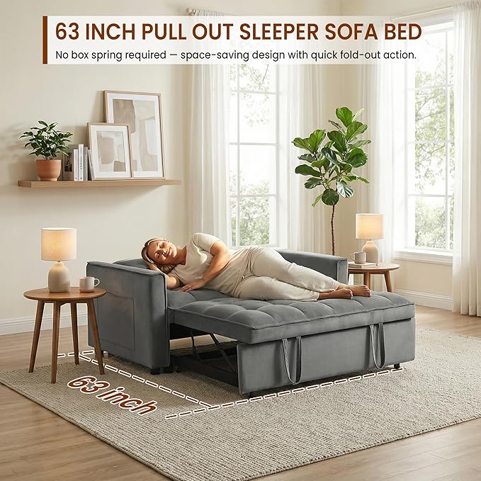 Convertible Sofa Bed 3 in 1 Pull Out Loveseat Sleeper Couch with Adjustable Backrest Side Pocket Two Pillows for Apartment Dorm Room Bedroom and Small Space | Velvet Fabric